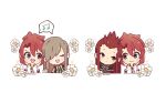  1girl 2boys absurdres asch_(tales) brown_hair chibi closed_mouth flower green_eyes hair_over_one_eye highres hitsujinu long_hair looking_at_another luke_fon_fabre multiple_boys music open_mouth red_hair short_hair singing tales_of_(series) tales_of_the_abyss tear_grants white_background 
