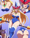  1boy 1girl android armor ass bangs berkana_(mega_man) blonde_hair blush breasts detached_sleeves ears_through_headwear easter gareth_(mega_man) hat helmet highres large_breasts leotard long_hair multiple_views noburockman open_mouth playboy_bunny purple_eyes robot_ears smile staff thighhighs very_long_hair wide_hips witch witch_hat 