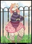  anthro big_breasts bottomwear breasts clothing detailed_background female giraffe giraffid grass hi_res makydeli_(artist) mammal original_characters plant plastic_skirt skirt smoking solo wide_hips 