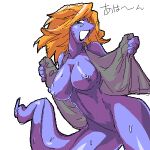 2009 5_fingers :d anthro bare_shoulders big_breasts biped bodily_fluids breasts clothed clothing digital_media_(artwork) dragon featureless_crotch female fingers hair kazuhiro kemono long_hair low_res monotone_arms monotone_body monotone_breasts monotone_eyes monotone_face monotone_hair monotone_hands monotone_legs monotone_neck monotone_nipples monotone_skin monotone_tail nipples open_clothing orange_hair portrait purple_arms purple_body purple_breasts purple_face purple_hands purple_legs purple_nipples purple_skin purple_tail simple_background smile solo sweat teal_eyes three-quarter_portrait white_background wingless_dragon 