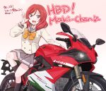  1girl black_legwear blush bow bowtie brown_footwear commentary_request grey_skirt ground_vehicle hand_up highres kneehighs loafers long_sleeves love_live! love_live!_school_idol_project love_live!_sunshine!! maruyo motor_vehicle motorcycle nishikino_maki open_mouth pleated_skirt purple_eyes red_hair school_uniform shoes short_hair sitting skirt smile solo teeth translation_request upper_teeth uranohoshi_school_uniform yellow_bow yellow_bowtie 
