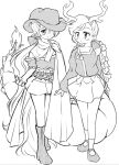  1980s_(style) 2girls antlers bad_id bad_twitter_id blush boots cape closed_mouth cowboy_boots cowboy_hat cowboy_western dragon_girl dragon_horns dragon_tail dress greyscale hair_over_one_eye hat highres horns horse_girl horse_tail kicchou_yachie kurokoma_saki long_hair mary_janes monochrome multicolored_clothes multicolored_dress multiple_girls pleated_skirt ponytail retro_artstyle shirt shoes short_dress short_hair short_sleeves sketch skirt socks tail takemoto_izumi_(style) touhou turtle_shell very_long_hair yatyou 