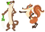  absurd_res anthro blue_eyes blue_sky_studios brown_body brown_fur buck_(ice_age) dagger darkbolt duo eye_patch eyewear female fur hi_res ice_age_(series) ice_age_3 male mammal melee_weapon mustela mustelid musteline nude rodent saber-toothed_squirrel sciurid scratte_(ice_age) true_musteline weapon 