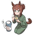  1girl :3 absurdres animal_ears bangs blush brown_hair chopsticks clover_hair_ornament cup_ramen e-ncyo electric_socket fine_motion_(umamusume) full_body green_eyes green_pants green_shirt hair_between_eyes hair_bun hair_ornament highres holding holding_chopsticks horse_ears horse_girl horse_tail long_sleeves looking_at_viewer medium_hair multicolored_hair pajamas pants seiza shirt simple_background sitting solo steam tail two-tone_hair umamusume white_background 