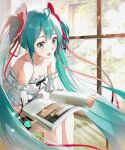  1girl :d absurdres ahoge bangs bare_legs bare_shoulders blue_eyes blue_hair book breasts cleavage collarbone crop_top detached_sleeves floating_hair hair_between_eyes hair_ribbon hatsune_miku highres holding holding_book indoors long_hair medium_breasts open_book open_mouth reading red_ribbon ribbon shiny shiny_hair short_sleeves sitting smile solo twintails very_long_hair vocaloid white_sleeves wooden_floor yaomiaomiao 