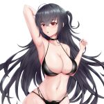  1girl absurdres arm_behind_head arm_up armpits azur_lane bangs bare_shoulders bikini black_bikini black_choker black_hair blush breasts chinese_commentary choker commentary_request eyebrows_visible_through_hair groin hand_up highres large_breasts long_hair navel one_side_up pake_w parted_lips partial_commentary red_eyes simple_background solo stomach swimsuit taihou_(azur_lane) upper_body very_long_hair white_background 