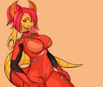  2022 anthro breasts clothed clothing cosplay digital_drawing_(artwork) digital_media_(artwork) dragon ear_piercing female flesh_tunnel gauged_ear hair hi_res horn looking_at_viewer neon_genesis_evangelion piercing plugsuit red_hair simple_background sleeps-darkly_(artist) solo zoe_(awr_hey) 