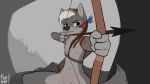  absurd_res anthro bow_(weapon) braided_hair breasts brown_eyes canid canine canis female fur furvie grey_body grey_fur hair hi_res mammal nipples nude ranged_weapon small_breasts solo tanta_(zaush) weapon wolf 