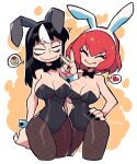  2girls =3 absurdres alternate_costume animal_ears black_hair black_nails border breasts brown_legwear carla_carmilla_(rariatto) cleavage closed_eyes closed_mouth detached_sleeves easter easter_egg egg fishnet_legwear fishnets hairband highres large_breasts long_hair long_sleeves looking_at_viewer mixed-language_commentary multicolored_hair multiple_girls noss_(rariatto) original pantyhose playboy_bunny rabbit_ears rariatto_(ganguri) red_hair sanpaku short_hair smile streaked_hair v vampire white_border wrist_cuffs yellow_background 