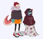  amphibia_(series) amphibian anthro blonde_hair blue_body blue_hair bottomwear clothing coat disney duo general_yunan hair hat headgear headwear hi_res hoodie lady_olivia long_tail mask newt salamander_(amphibian) shorts simple_background skirt sweater topwear unknown_artist white_background 