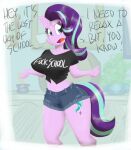  anthro anthrofied blue_eyes bottomwear breasts clothing cutie_mark english_text equid equine eyelashes flutterthrash friendship_is_magic hair hasbro horn mammal my_little_pony pink_body purple_hair purple_tail shirt shorts starlight_glimmer_(mlp) text text_on_clothing text_on_shirt text_on_topwear topwear unicorn unicorn_horn wide_hips 