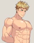  1boy abs arima_(arima_bn) bara biceps blonde_hair blush granblue_fantasy green_eyes hand_on_back highres large_pectorals long_sideburns looking_to_the_side male_focus manly mature_male muscular muscular_male nipples pectorals sideburns solo spiked_hair thick_arms topless topless_male upper_body vane_(granblue_fantasy) 