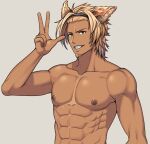  1boy abs animal_ears arima_(arima_bn) bara biceps blonde_hair diadem facial_hair granblue_fantasy highres looking_at_viewer lowain_(granblue_fantasy) male_focus manly mature_male muscular muscular_male nipples pectorals smile solo spiked_hair stubble tan teeth topless topless_male upper_body yellow_eyes 