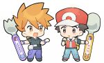  2boys :d backpack bag bangs blue_oak blush brown_eyes character_name chinese_commentary collared_shirt commentary_request hat holding holding_spoon holding_spork jacket jewelry male_focus multiple_boys necklace open_mouth pants pokemon pokemon_(game) pokemon_frlg rata_(m40929) red_(pokemon) red_headwear shirt shoes short_hair smile spiked_hair spoon standing tongue vs_seeker wristband yellow_bag 