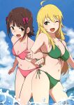  2girls :d ;d ahoge amami_haruka bangs bare_arms bare_legs bikini blonde_hair blue_sky bow breasts brown_hair cleavage collarbone day eyebrows_visible_through_hair front-tie_bikini front-tie_top green_bikini green_eyes groin hair_bow highres hoshii_miki idolmaster idolmaster_(classic) locked_arms long_hair medium_breasts medium_hair ms_rinmoku multiple_girls navel one_eye_closed open_mouth outdoors pink_bikini red_bow shiny shiny_hair side-tie_bikini sideboob sky small_breasts smile standing straight_hair swimsuit very_long_hair wading 