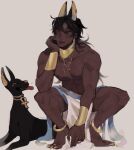  1boy absurdres animal animal_ears ankh anklet anubis arm_on_shoulder black_hair blue_eyeshadow bracer dark_skin ear_piercing earrings egyptian egyptian_clothes eye_of_horus eyeshadow facial_mark fingernails forehead_mark full_body head_rest highres jackal jackal_boy jackal_ears jewelry long_hair looking_at_animal makeup monmeon muscular muscular_male neck_ring necklace original pectorals pelvic_curtain piercing ring scar scar_on_arm scar_on_chest scar_on_leg scar_on_stomach sharp_fingernails sharp_toenails signature solo squatting toenails tongue tongue_out topless_male white_background yellow_eyes yellow_nails 