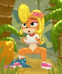  absurd_res activision anthro blonde_hair clothing coco_bandicoot crash_bandicoot_(series) female footwear hair hi_res omorashi pantsless peeing shirt shoes slim topwear video_games 