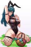  1girl :p animal_ears arm_behind_head armband armpits bare_shoulders barefoot basket blue_hair breasts byleth_(fire_emblem) byleth_(fire_emblem)_(female) cleavage closed_mouth collarbone commentary_request covered_nipples curled_fingers easter easter_egg egg eyebrows_visible_through_hair fake_animal_ears fake_tail fire_emblem fire_emblem_awakening fishnets full_body grass grey_eyes hair_between_eyes highleg highleg_leotard highres large_breasts leotard long_hair looking_at_viewer nipple_cutout nipples no_bra playboy_bunny polka_dot presenting_armpit rabbit_tail seiza shadow sign sign_around_neck simple_background sitting skin_tight sleeveless solo split_mouth spread_legs striped t3x tail thick_thighs thighs tongue tongue_out wedgie white_background 