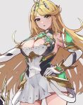  aegis_sword_(xenoblade) bangs bare_shoulders blonde_hair breasts chest_jewel cleavage cleavage_cutout clothing_cutout dress earrings elbow_gloves gem gloves headpiece highres hirotaka_(hrtk990203) jewelry large_breasts long_hair mythra_(xenoblade) short_dress swept_bangs tiara very_long_hair white_dress white_gloves xenoblade_chronicles_(series) xenoblade_chronicles_2 yellow_eyes 