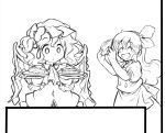  1980s_(style) :d ^_^ apron ascot bad_id bad_twitter_id bow buttons closed_eyes commentary_request crystal curly_hair ellen_(touhou) flandre_scarlet greyscale hair_bow happy hat holding holding_plate long_hair mob_cap monochrome open_mouth plate puffy_short_sleeves puffy_sleeves retro_artstyle short_sleeves side_ponytail simple_background skirt smile sweatdrop takemoto_izumi_(style) touhou upper_body very_long_hair vest wings wristband yatyou 