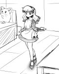  1980s_(style) 1girl adapted_costume alternate_costume apron bad_id bad_twitter_id bare_legs barmaid commentary_request cup dress frog_hair_ornament greyscale hair_ornament hairband high_heels highres kochiya_sanae long_hair monochrome restaurant retro_artstyle sketch snake sokrates_(touhou) takemoto_izumi_(style) touhou touhou_(pc-98) tray waist_apron waitress yatyou 