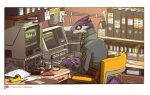  2021 anthro binder cassette_player cassette_tape chair clothing colored computer darbaras furniture headphones keyboard lizard looking_at_computer looking_at_object male paper pencil_(disambiguation) purple_body purple_scales reptile scales scalie shelf sitting solo table typing 