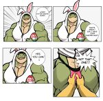  2022 absurd_res ambiguous_gender ambiguous_species anthro barazoku big_bulge big_muscles body_hair bulge bulge_grab chest_hair clothed clothing comic costume darknaigart dialogue dinosaur duo easter easter_egg egg emanata english_text faceless_character facial_hair fake_ears fake_rabbit_ears first_person_view hand_on_bulge hi_res holidays hood huge_bulge huge_muscles humor jace_(darknaig) jockstrap male male/ambiguous multiple_scenes muscular muscular_anthro muscular_male pecs pubes reptile scalie shirt simple_background smile solo_focus standing tank_top teeth text theropod tongue topwear tyrannosaurid tyrannosaurus tyrannosaurus_rex underwear white_background 