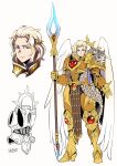  1girl adeptus_astartes ahoge angel_wings armor blonde_hair blood_angels blue_eyes braid breastplate gauntlets genderswap genderswap_(mtf) gold_armor grin highres holding holding_polearm holding_weapon imperium_of_man laurel_crown open_mouth pauldrons polearm power_armor ryuusei_(mark_ii) sanguinius shoulder_armor signature smile solo tassel warhammer_40k weapon wings 