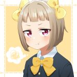  angry black_jacket blush bob_cut bow bowtie buttons commentary_request eyebrows hair_bow jacket light_brown_hair long_sleeves looking_at_viewer love_live! love_live!_nijigasaki_high_school_idol_club nakasu_kasumi pink_eyes pout puffy_cheeks shirt solo squiggle thought_bubble upper_body white_shirt wing_collar yatogame765 yellow_background yellow_bow younger 