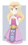  1girl belt blonde_hair chocomiru closed_mouth dress gloves grey_eyes hair_ornament jewelry long_hair looking_at_viewer pink_dress pink_skirt pointing princess_zelda skirt smile solo the_legend_of_zelda the_legend_of_zelda:_the_wind_waker 
