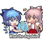  2girls animal blue_bow blue_dress blue_eyes blue_hair bow cirno collared_shirt detached_wings dog dress english_text eyebrows_visible_through_hair fairy frozen fujiwara_no_mokou hair_between_eyes hair_bow ice ice_wings jokanhiyou long_hair lowres multiple_girls open_mouth pants puffy_short_sleeves puffy_sleeves red_eyes red_pants shirt short_hair short_sleeves simple_background smile suspenders touhou white_background white_bow white_hair white_shirt wings 