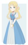  1girl bangs belt blonde_hair blue_dress bracelet brooch buckle chocomiru circlet closed_eyes dress jewelry long_hair official_alternate_costume parted_bangs precure princess_zelda puffy_short_sleeves puffy_sleeves short_sleeves sidelocks smile_precure! solo the_legend_of_zelda the_legend_of_zelda:_a_link_to_the_past 