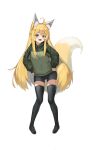  1girl absurdres ahoge animal_ear_fluff animal_ears black_legwear blonde_hair blue_eyes blush character_request commentary_request copyright_request eyebrows_visible_through_hair fluf.p fox_ears fox_girl fox_tail green_jacket highres jacket long_hair looking_at_viewer open_mouth shorts simple_background smile solo standing tail thighhighs tooth white_background zettai_ryouiki 