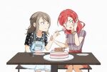  anchor_symbol birthday_cake blue_eyes blush breasts brown_hair cake cake_decoration clothes_around_waist eyebrows_visible_through_hair feeding food highres jewelry kanji kumazenge love_live! love_live!_sunshine!! medium_breasts necklace nishikino_maki one_eye_closed overall_skirt polka_dot purple_eyes red_hair shirt shirt_around_waist watanabe_you zipper 