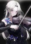  1girl absurdres bangs bare_shoulders black_background black_dress black_ribbon blush bow_(music) breasts dress flower frills grey_eyes grey_hair hair_ribbon highres holding holding_instrument instrument long_hair looking_at_viewer matsogum music original parted_bangs playing_instrument purple_flower ribbon solo strapless strapless_dress violin 