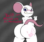  ambiguous_gender angry anthro big_butt blue_eyes blush butt hi_res kahei_yattsu looking_back male_(lore) mammal murid murine rat rear_view rodent solo text thick_thighs white_body 