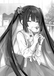  1girl character_request copyright_request eating greyscale highres monochrome multicolored_hair tsunako twintails twintails_day 