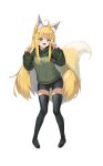  +_+ 1girl absurdres ahoge animal_ear_fluff animal_ears black_legwear blonde_hair blue_eyes blush character_request clenched_hands commentary_request copyright_request eyebrows_visible_through_hair fluf.p fox_ears fox_girl fox_tail green_jacket highres jacket long_hair looking_at_viewer open_mouth outstretched_arms shorts simple_background smile solo spread_arms standing tail thighhighs tooth very_long_hair white_background zettai_ryouiki 