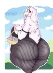  absurd_res anthro belly big_breasts big_butt bovid breasts bunny_costume butt butt_focus caprine chubby_female clothing cloud costume easter easter_egg egg female fluffy fluffy_tail goat hi_res holidays huge_breasts huge_butt legwear looking_at_viewer looking_back mammal mature_female neck_tuft nipples open_mouth pantyhose pink_nipples rear_view red_eyes simple_background slightly_chubby solo thefluffyrey69 thick_thighs toriel tuft undertale undertale_(series) video_games white_body 