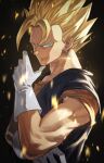  1boy absurdres aqua_eyes blonde_hair closed_mouth dragon_ball dragon_ball_z earrings glint gloves hara_kenshi highres jewelry looking_at_viewer male_focus single_earring smile solo super_saiyan upper_body vegetto white_gloves 