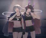  2girls abs bandages bangs black_jacket black_shorts blood blood_on_face boxing_gloves cigarette floofhua fu_hua holding holding_cigarette honkai_(series) honkai_impact_3rd horns indoors jacket long_hair looking_at_viewer multiple_girls muscular muscular_female navel raiden_mei raiden_mei_(herrscher_of_thunder) shorts smoke smoking sports_bra wrestling_ring 