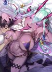  1boy 1girl aqua_hair bangs blush breasts colored_skin eyeliner fate/grand_order fate_(series) grey_skin hair_between_eyes highres horns ibuki_douji_(fate) large_breasts long_hair long_tongue looking_at_viewer makeup multicolored_hair nekomata_naomi oni oni_horns pink_hair pointy_ears red_eyes sidelocks tail tongue 