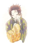  2boys agatsuma_zenitsu brown_hair checkered_haori checkered_obi closed_eyes earrings hanafuda hand_on_another&#039;s_cheek hand_on_another&#039;s_face haori highres holding_another&#039;s_wrist japanese_clothes jewelry kamado_tanjirou kimetsu_no_yaiba male_focus multiple_boys scar scar_on_face scar_on_forehead simple_background smile solo_focus tanuki_happa triangle_print 