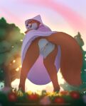  2022 anthro anus canid canine clothed clothing disney female fox fur genitals half-closed_eyes hi_res letodoesart looking_at_viewer looking_back looking_back_at_viewer maid_marian mammal multicolored_body multicolored_fur narrowed_eyes open_mouth pussy red_body red_fur robin_hood_(disney) solo teeth tongue white_body white_fur 