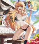  1girl alcohol beach bikini bikini_under_clothes black_bikini black_bow blonde_hair blue_eyes blurry blurry_background bottle bow bowl braid breasts building character_request cloud copyright_request eyebrows_visible_through_hair flip-flops flower food foot_out_of_frame fruit hair_between_eyes hair_bow highres holding holding_tray josal kneehighs large_breasts legs lemon lemon_slice lemonade light_rays liquor long_hair looking_to_the_side menu_board navel off_shoulder open_mouth palm_tree parfait sandals see-through_shirt shadow shiny shiny_skin shirt sidelocks single_kneehigh solo swimsuit symbol-only_commentary table teeth thighs toes tray tree upper_teeth white_shirt 