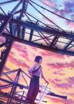  1girl cloud commentary_request crane_(machine) hand_in_pocket harbor highres holding holding_umbrella original outdoors reflection scenery shirt short_hair standing sunset umbrella white_shirt yuhack 