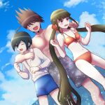  1girl 2boys :d arm_around_neck bangs beach bikini blue_male_swimwear blush breasts closed_eyes cloud collarbone danganronpa_(series) danganronpa_s:_ultimate_summer_camp danganronpa_v3:_killing_harmony day eyebrows_visible_through_hair facial_hair goatee hair_ornament hair_scrunchie hairclip harukawa_maki highres jacket male_swimwear medium_breasts mole mole_under_eye momota_kaito multiple_boys navel open_mouth outdoors red_bikini red_eyes red_scrunchie saihara_shuuichi scrunchie smile space_print starry_sky_print stomach swimsuit toyatopa twintails white_jacket 