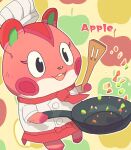  1girl animal_crossing animal_ears apple_(animal_crossing) apple_inc. apple_print chef_hat chef_uniform cooking frying_pan furry furry_female gizugazu hamster hamster_ears hamster_girl hat holding holding_frying_pan holding_spatula necktie open_mouth outline red_fur red_necktie smile solo spatula white_outline 