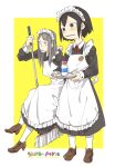  alternate_costume apron asakusa_midori bangs black_dress black_hair blush bottle broom brown_footwear dress eizouken_ni_wa_te_wo_dasu_na! enmaided freckles frilled_apron frills green_eyes grey_hair highres holding holding_broom holding_tray kanamori_sayaka long_hair long_sleeves maid maid_day maid_headdress milk_bottle open_mouth oyu_(oigatsu_o) pantyhose short_hair simple_background standing sweat tray two-tone_background white_apron white_legwear 