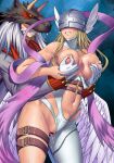  1boy 1girl angel_wings angewomon armpit_crease astamon asymmetrical_clothes bar_censor bare_shoulders belt blonde_hair bodysuit breasts brown_belt censored clenched_teeth clothing_cutout commentary_request commission covered_collarbone covered_eyes cowboy_shot deep_skin digimon digimon_(creature) fang feathered_wings gattsun gloves grabbing grabbing_from_behind grey_jacket grin groin hagoromo helmet hetero holding_another&#039;s_wrist horns jacket large_breasts leg_belt long_hair long_sleeves mask multiple_wings navel navel_cutout nipple_tweak nipples open_clothes open_jacket pants pinstripe_pants pinstripe_pattern purple_pants pussy pussy_juice red_eyes saliva sex sex_from_behind shawl sidelocks skeb_commission smile standing standing_sex stomach striped sweat teeth underbust vaginal white_bodysuit white_gloves white_hair winged_helmet wings 